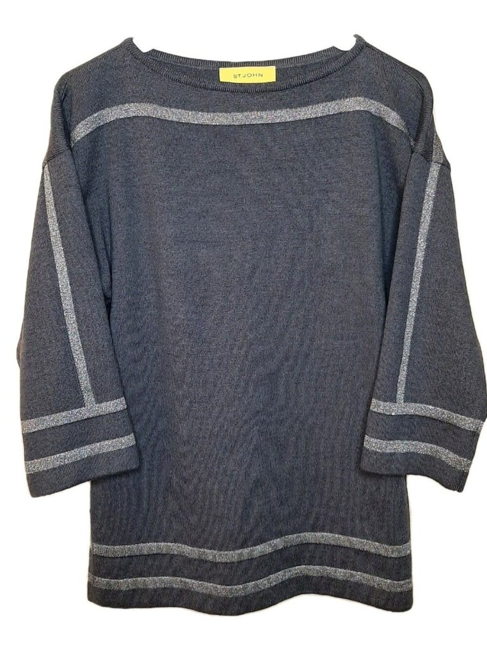 St. John Sweater Gray Women Size P Wool Rayon Blend Metallic Accent Half Sleeve